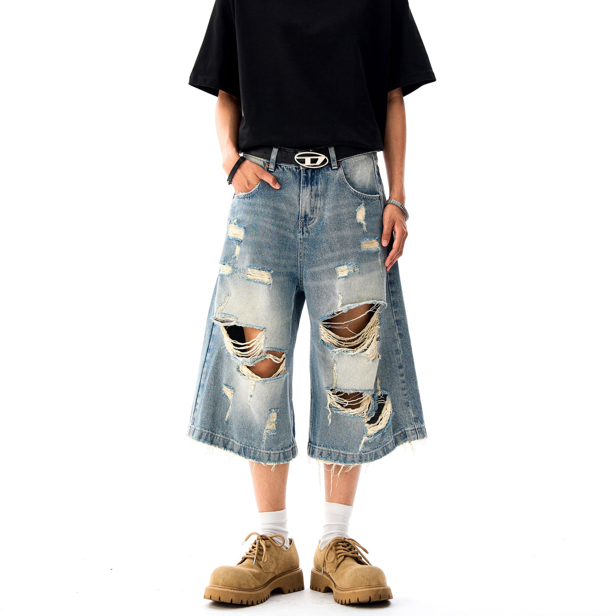 Bermuda denim traforati a tubo dritto