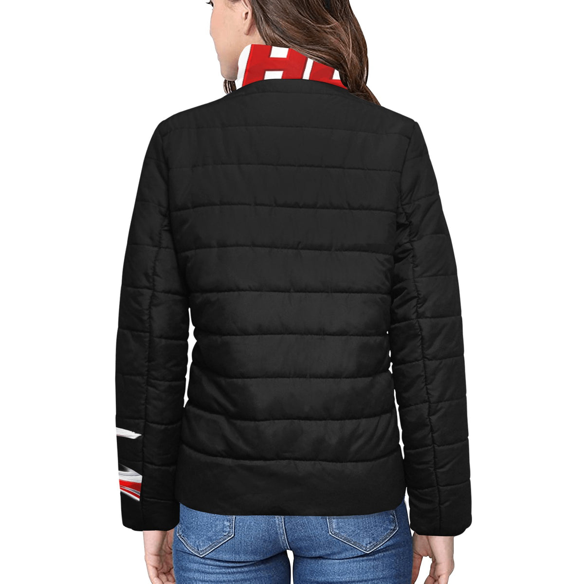 Giacca Imbottita Donna JSHUB Canada Ispirata ai NationWinter 2026 – Bomber Invernale Nero con Inserti Rossi
