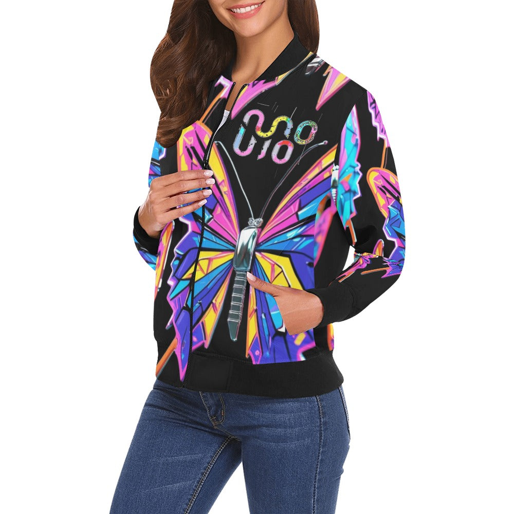 Bomber donna Wings of Noise nero stampa all-over streetwear urbano