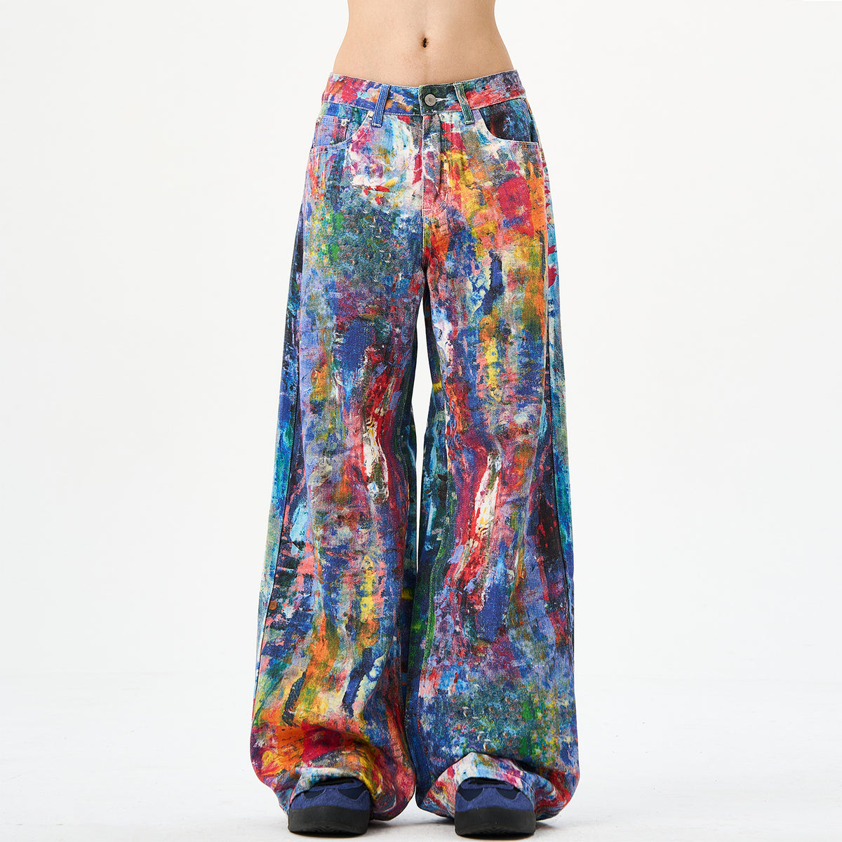 Jeans denim stampa schizzi multicolore