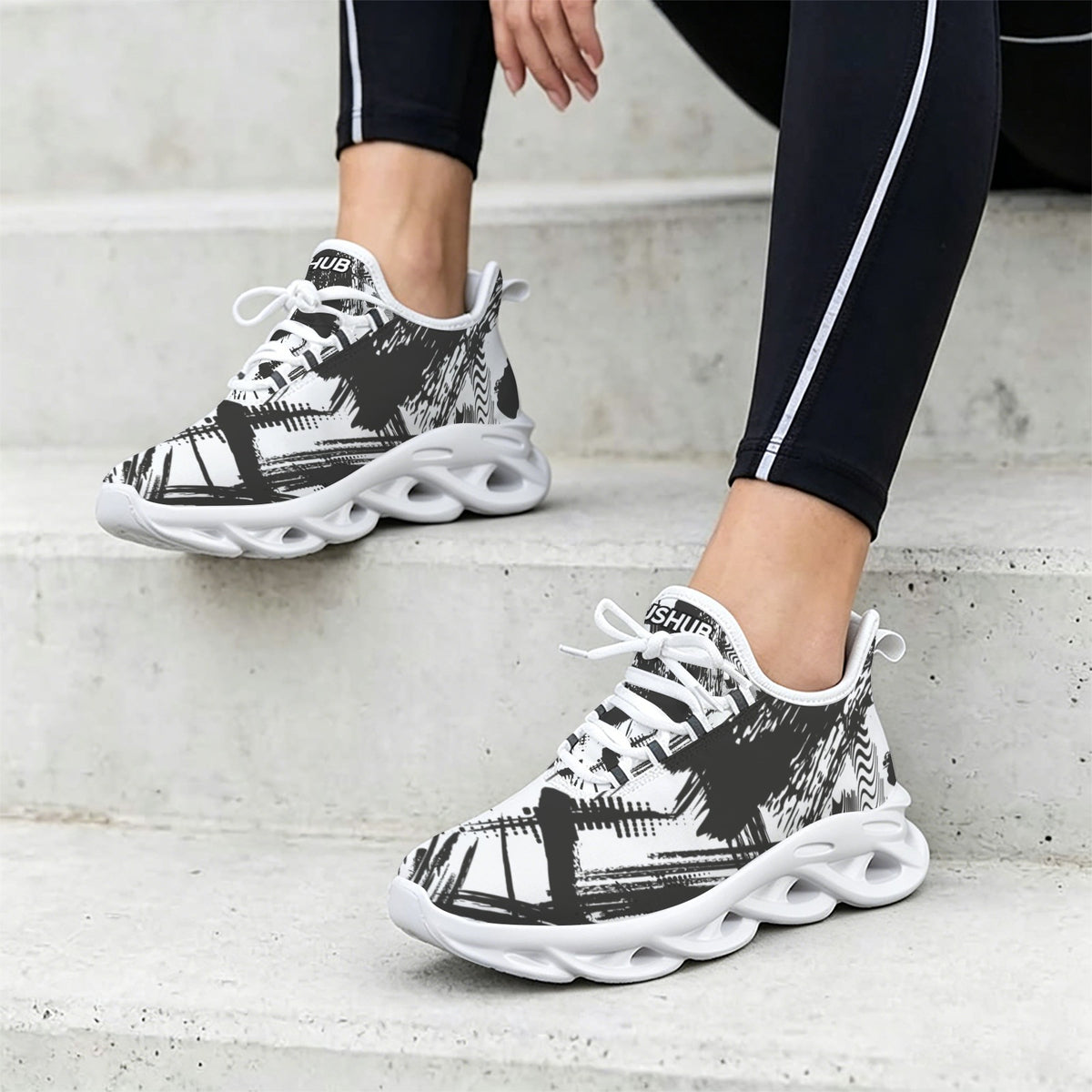 Sneakers Donna JSHUB LunaFlow Ink Motion – Design Astratto Bianco e Nero, Leggere e Traspiranti con Suola EVA