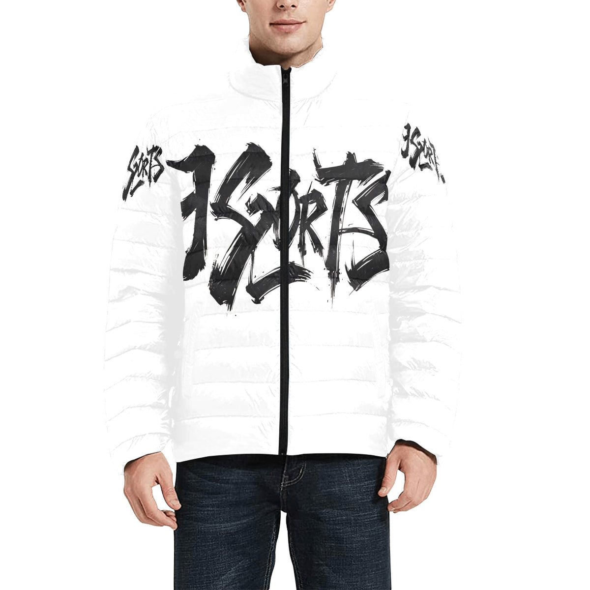 Giacca Bomber Uomo Collezione JSports Momo K45 Urban Shadow ArmTag JSHUB – Base Bianca con Stampa Centrale Nera e Tag Spalle