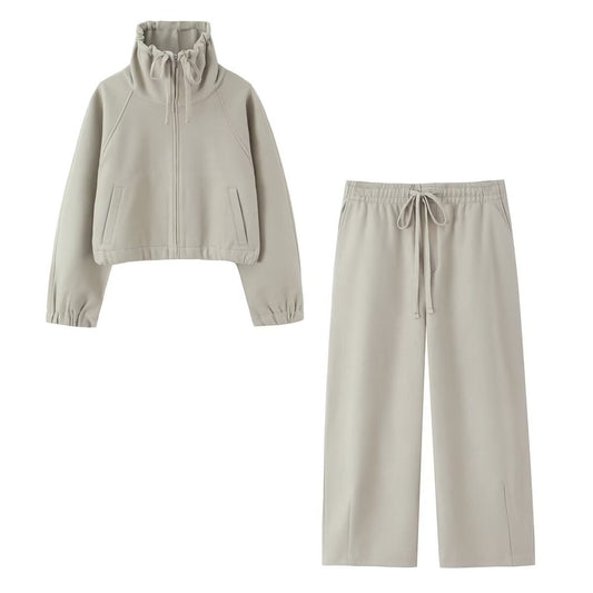 Tuta Donna Streetwear Set Felpa Cropped con Zip e Pantaloni Wide Leg