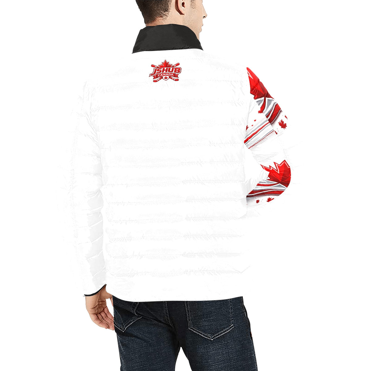 Giubbotto Imbottito Uomo JSHUB Canada Ispirato ai NationWinter 2026 – Bomber Bianco con Inserti Rossi