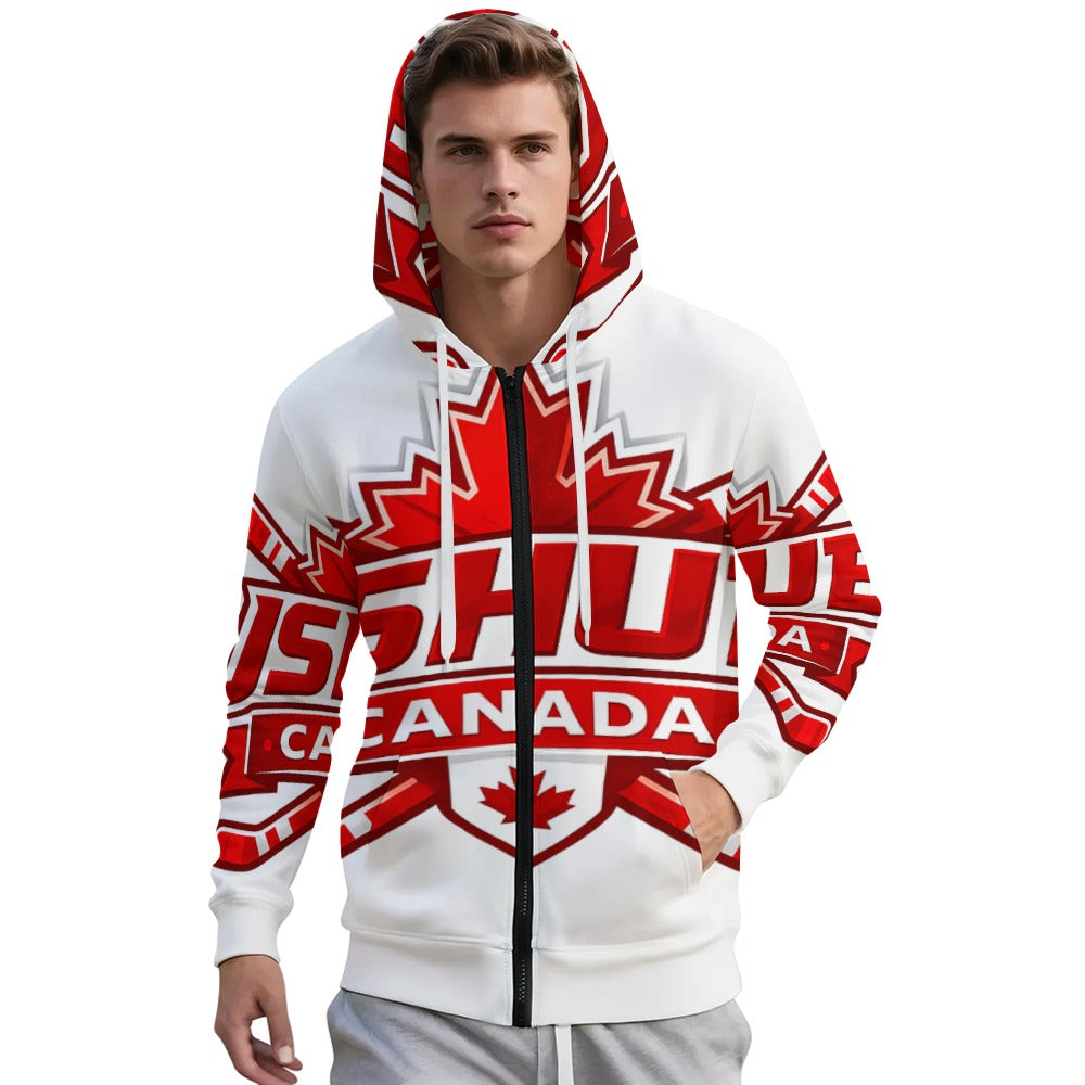 Felpa Uomo JSHUB Canada Ispirata ai NationWinter 2026 – Hoodie Bianca con Inserti Rossi