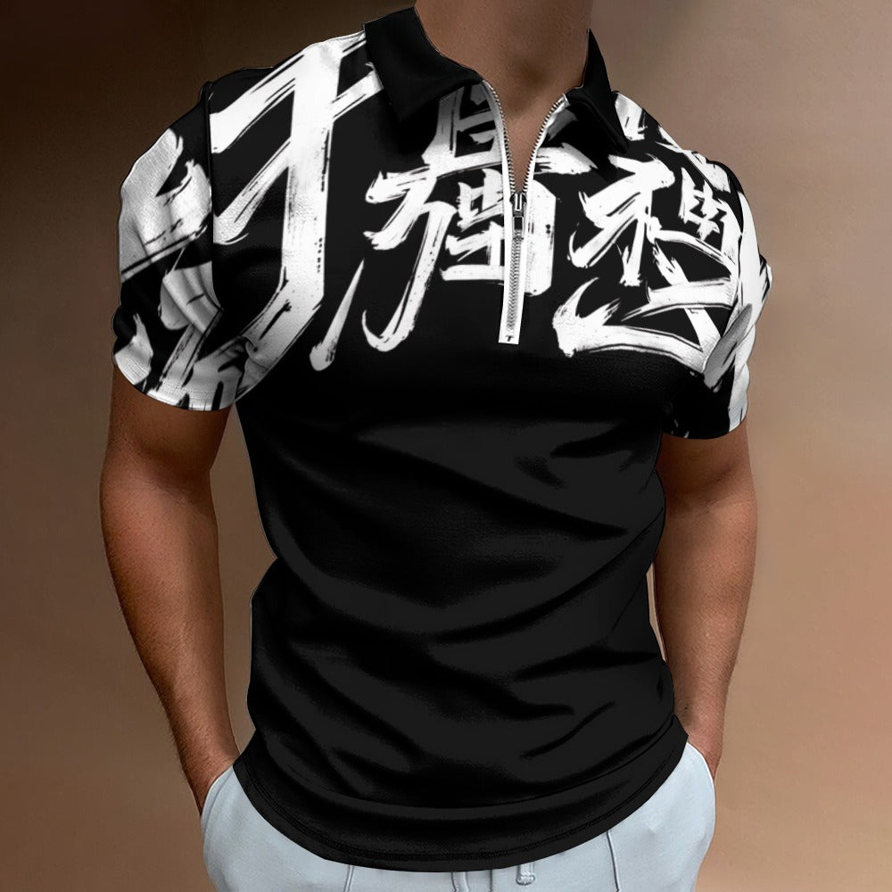 Polo Uomo MOMO JSPORTS H31 Shadow Kanji – Nera con Stampa All-Over Bianca e Zip Frontale
