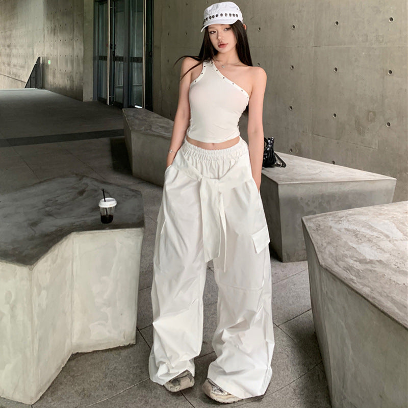 Pantaloni Larghi Vita Alta con Elastico – Bianco