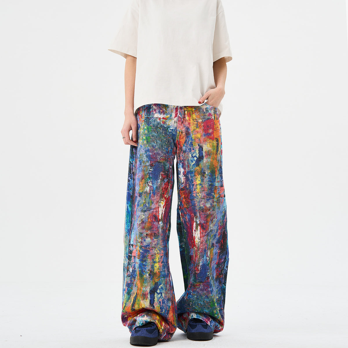 Jeans denim stampa schizzi multicolore