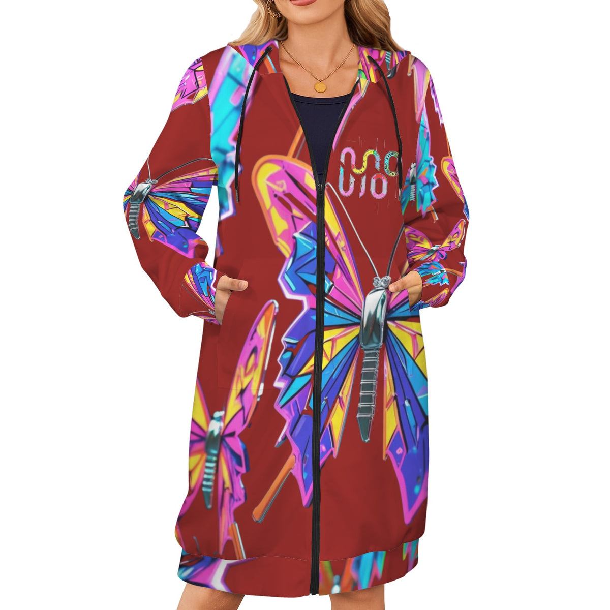 Giacca felpa donna con cappuccio e zip Wings of Noise stampa all-over – 10 varianti colore
