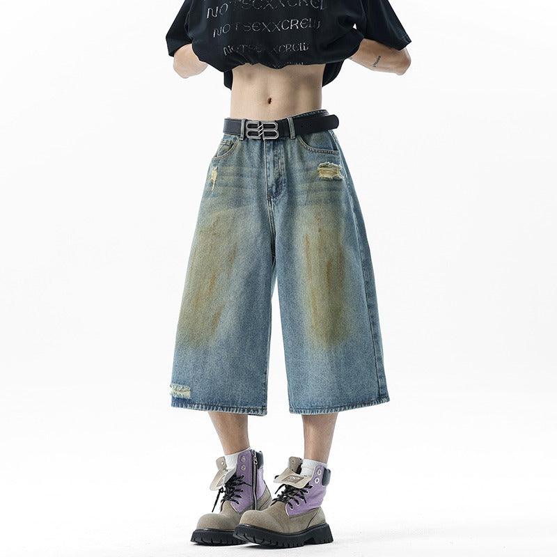 Bermuda denim vintage con strappi e gamba larga