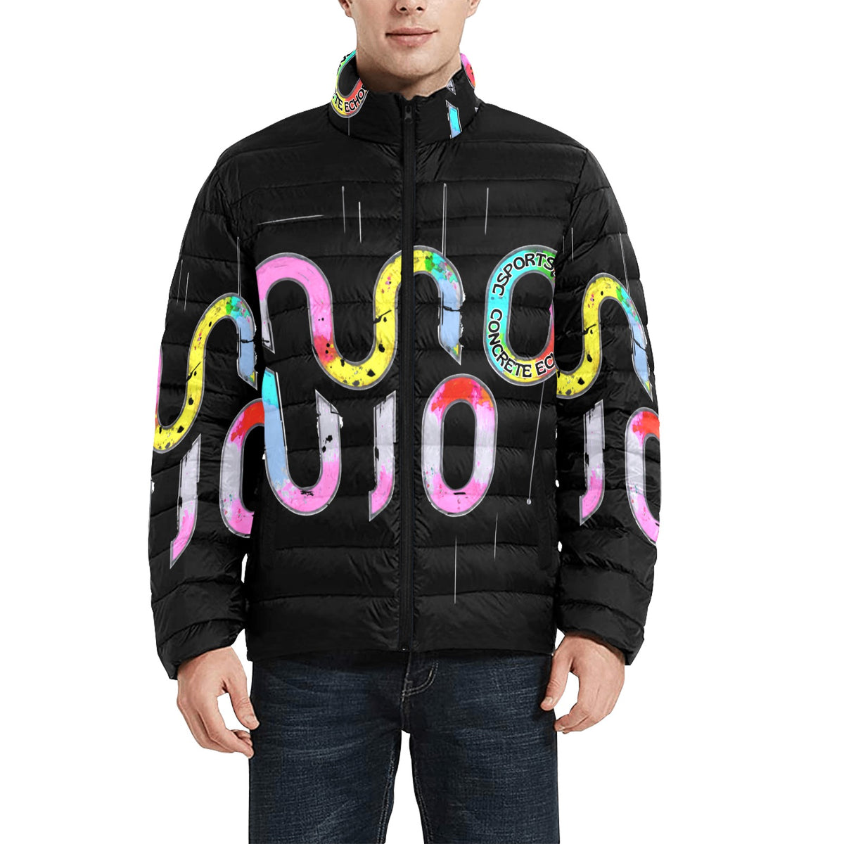 Giacca Bomber Uomo Collezione Concrete Echoes JSHUB – Base Nera Logo Multicolor All Over