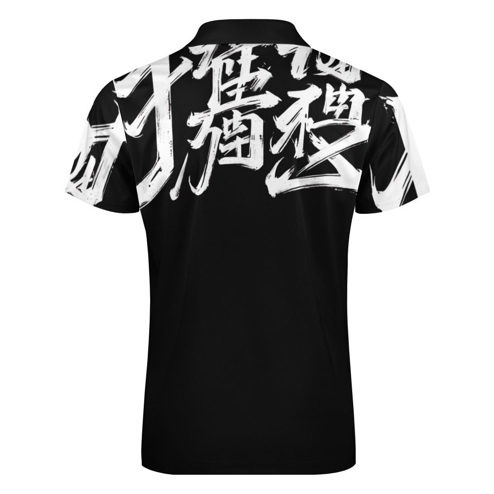 Polo Uomo MOMO JSPORTS H31 Shadow Kanji – Nera con Stampa All-Over Bianca e Zip Frontale