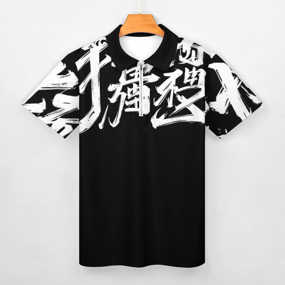Polo Uomo MOMO JSPORTS H31 Shadow Kanji – Nera con Stampa All-Over Bianca e Zip Frontale