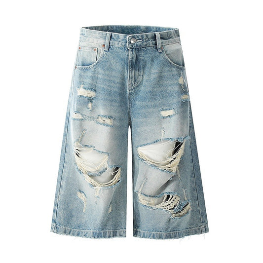 Bermuda denim traforati a tubo dritto