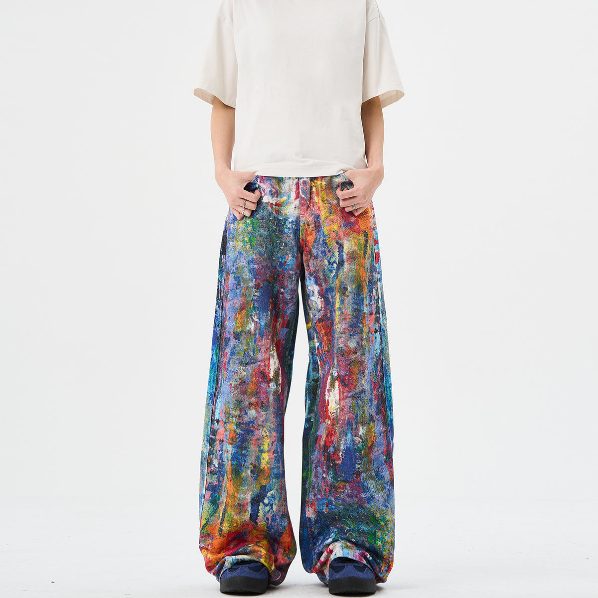 Jeans denim stampa schizzi multicolore