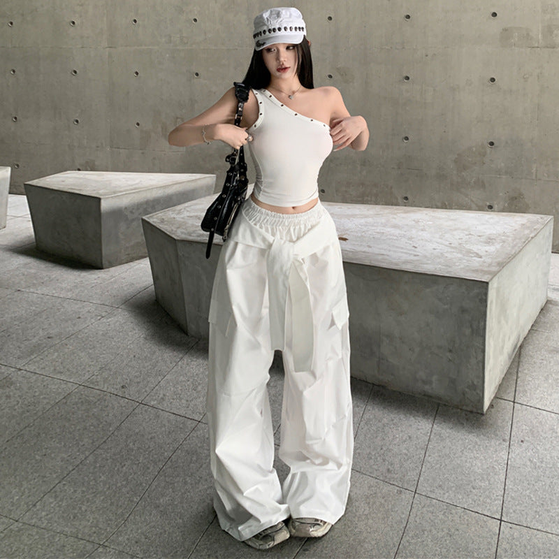 Pantaloni Larghi Vita Alta con Elastico – Bianco