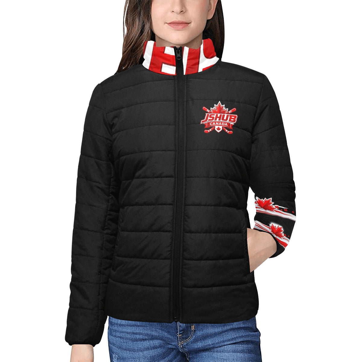 Giacca Imbottita Donna JSHUB Canada Ispirata ai NationWinter 2026 – Bomber Invernale Nero con Inserti Rossi
