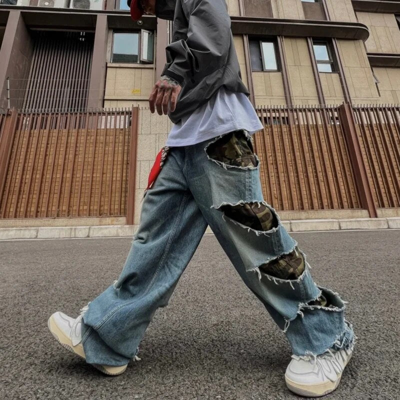 Jeans Camouflage Two-Tone Loose