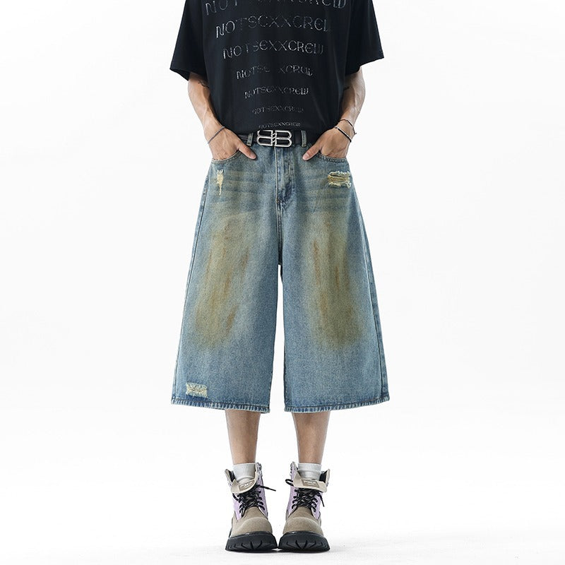 Bermuda denim vintage con strappi e gamba larga