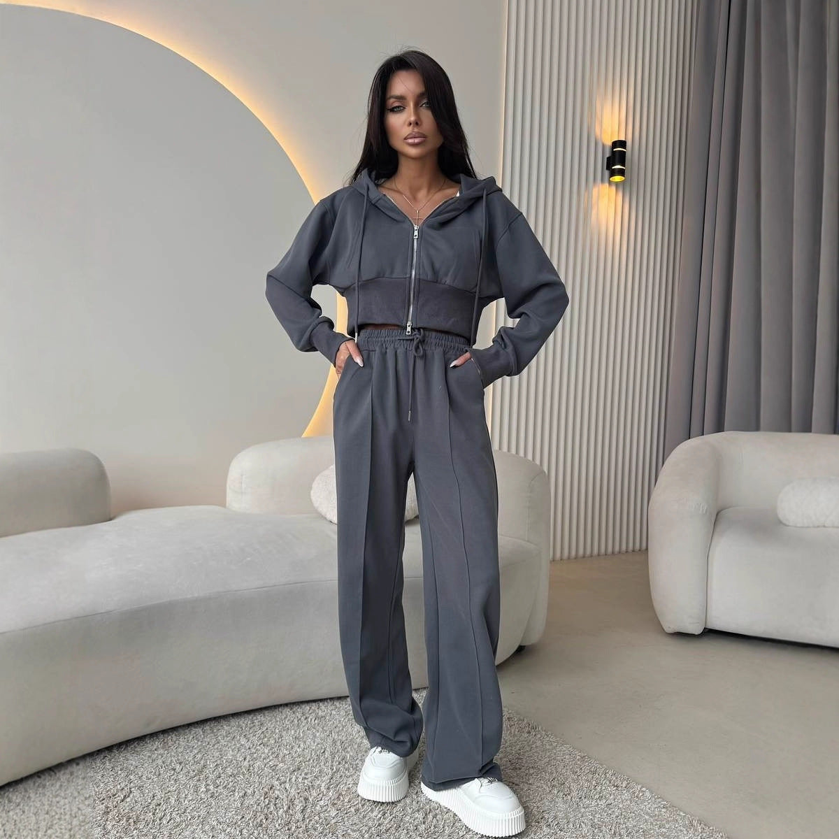 TUTA STREETWEAR DONNA CROP HOODIE WIDE PANTS SET