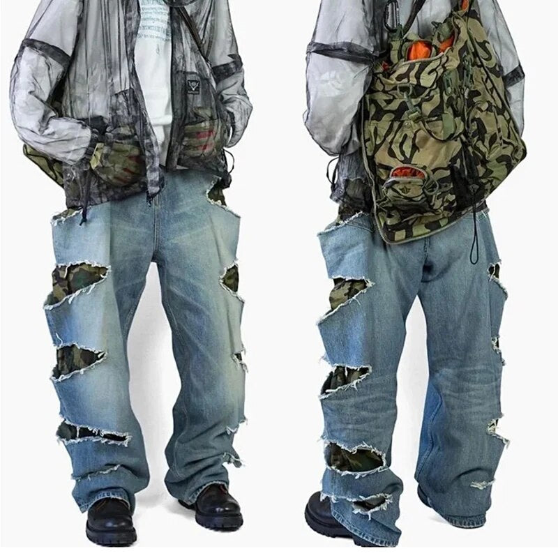 Jeans Camouflage Two-Tone Loose