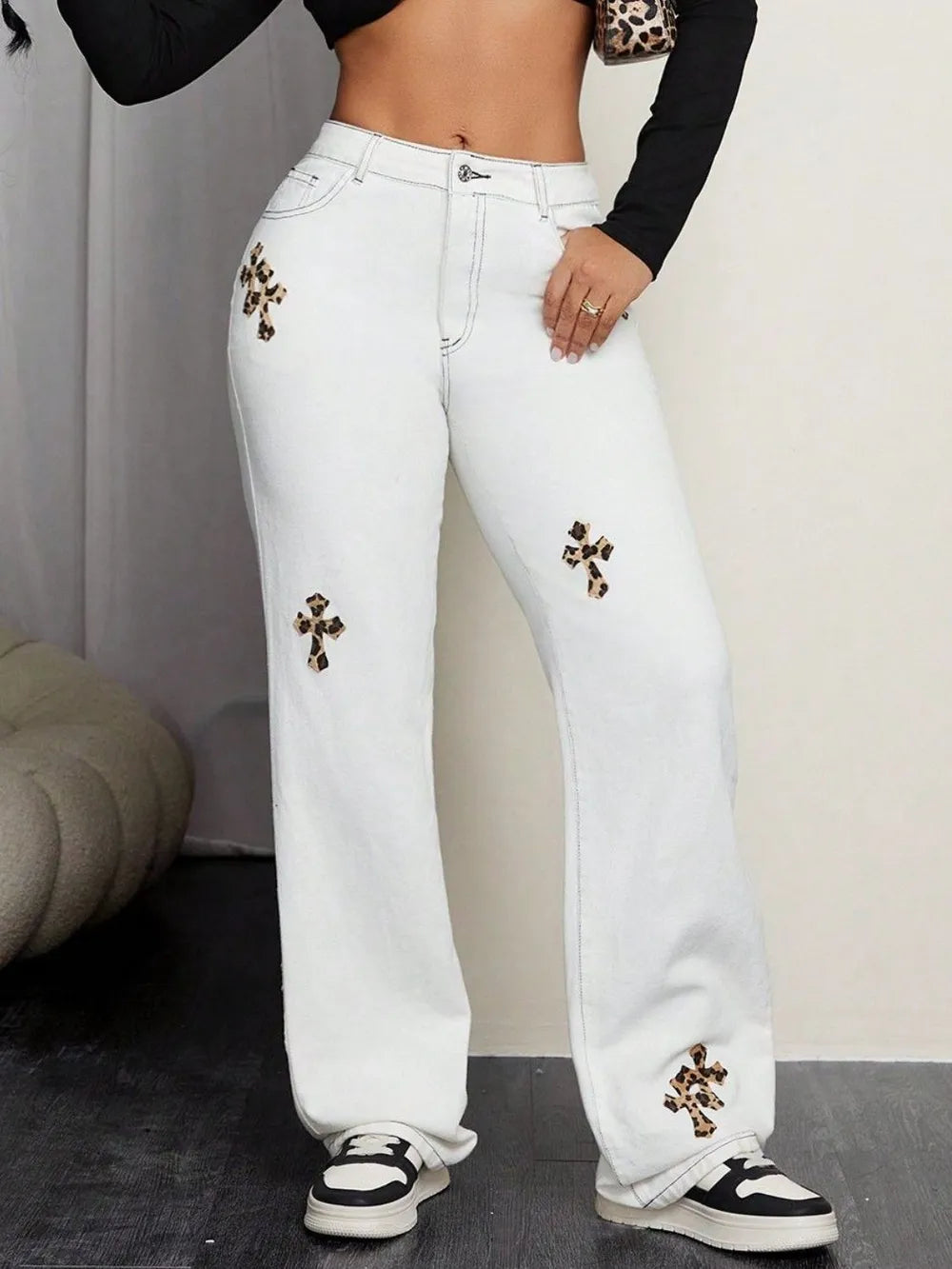 Jeans Straight Denim Leopard Patch