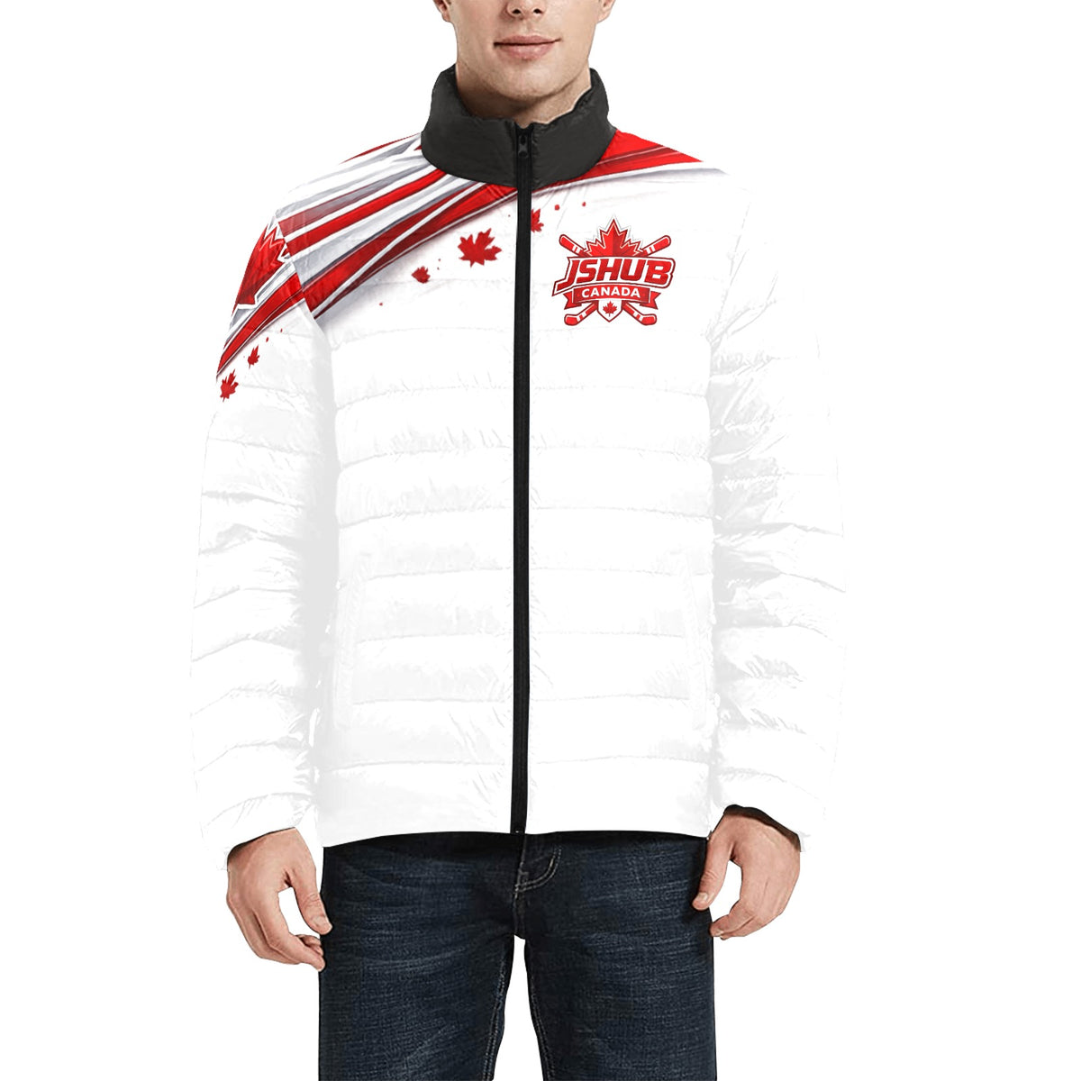 Giubbotto Imbottito Uomo JSHUB Canada Ispirato ai NationWinter 2026 – Bomber Bianco con Inserti Rossi