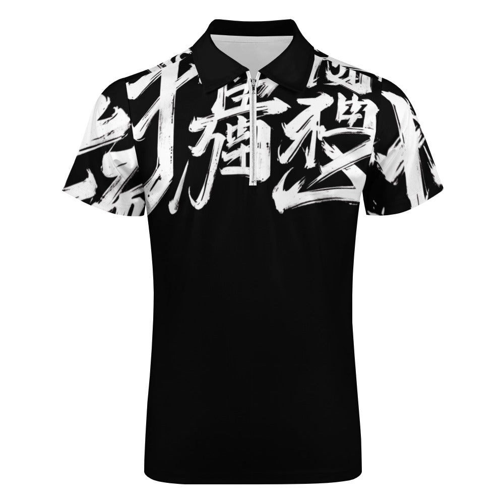 Polo Uomo MOMO JSPORTS H31 Shadow Kanji – Nera con Stampa All-Over Bianca e Zip Frontale