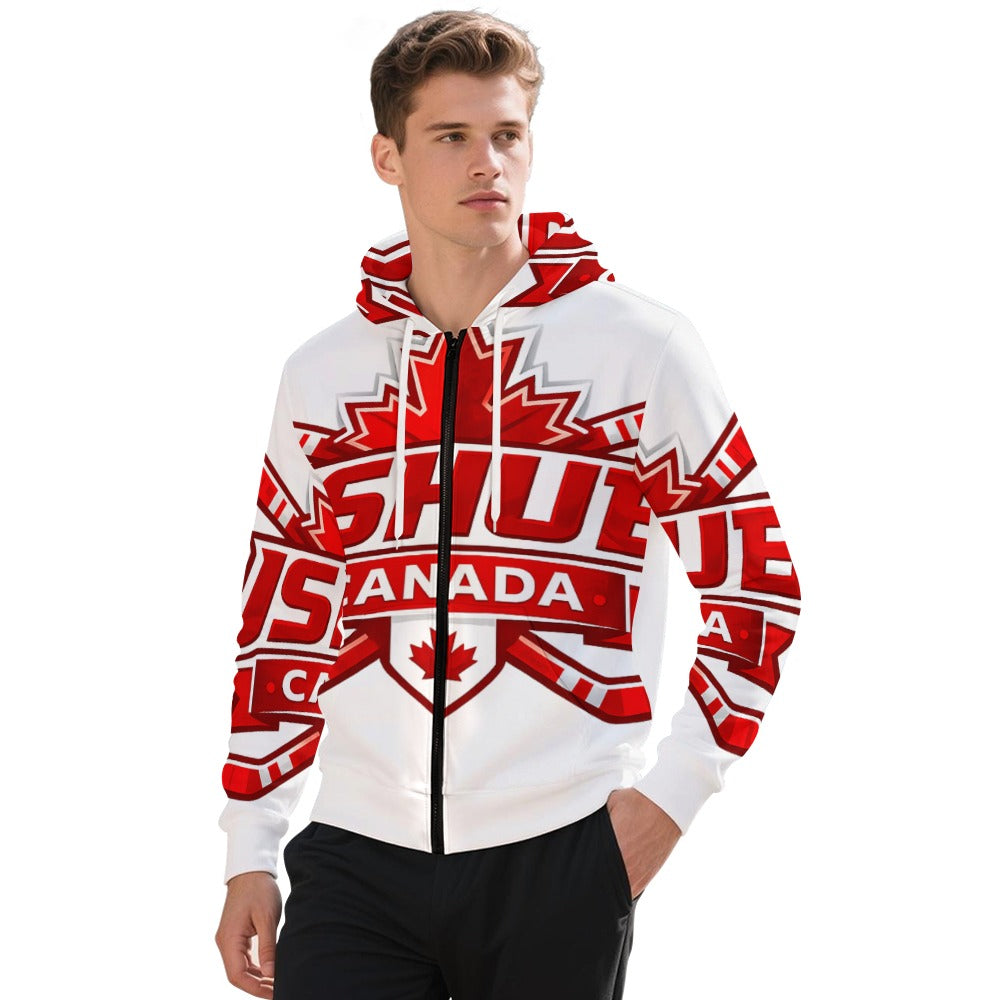 Felpa Uomo JSHUB Canada Ispirata ai NationWinter 2026 – Hoodie Bianca con Inserti Rossi