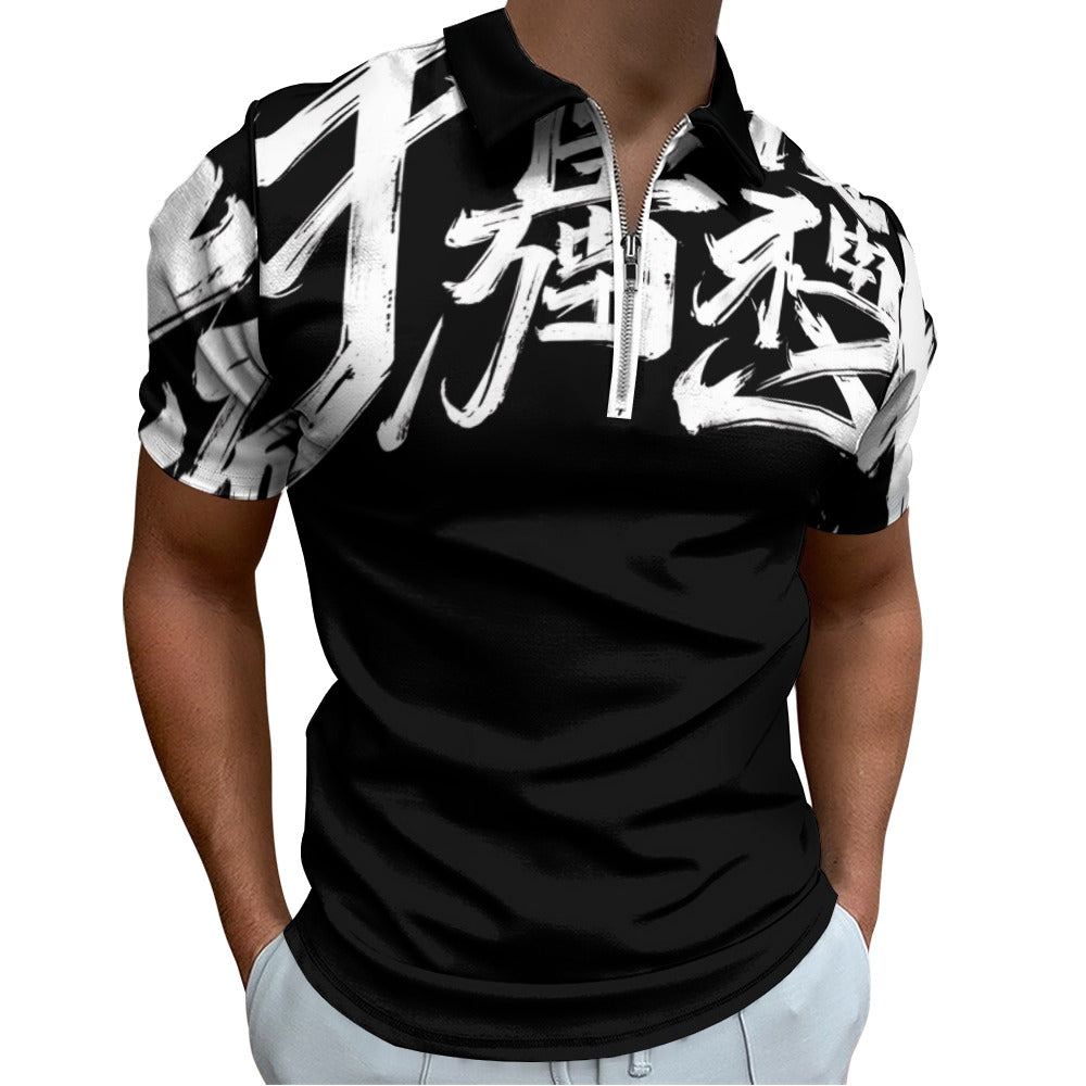 Polo Uomo MOMO JSPORTS H31 Shadow Kanji – Nera con Stampa All-Over Bianca e Zip Frontale