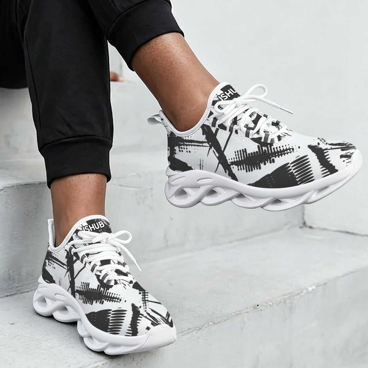 Sneakers Donna JSHUB LunaFlow Ink Motion – Design Astratto Bianco e Nero, Leggere e Traspiranti con Suola EVA