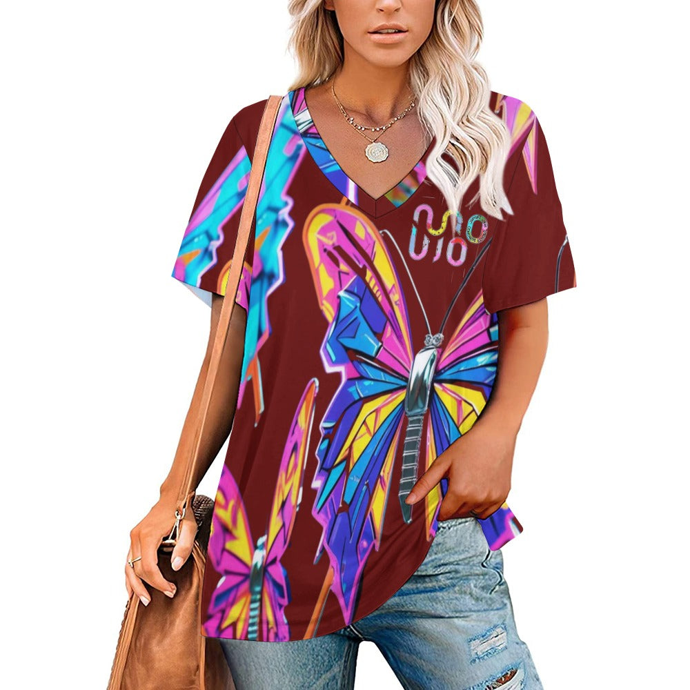 Maglietta donna Wings of Noise scollo a V stampa all-over – 8 varianti colore