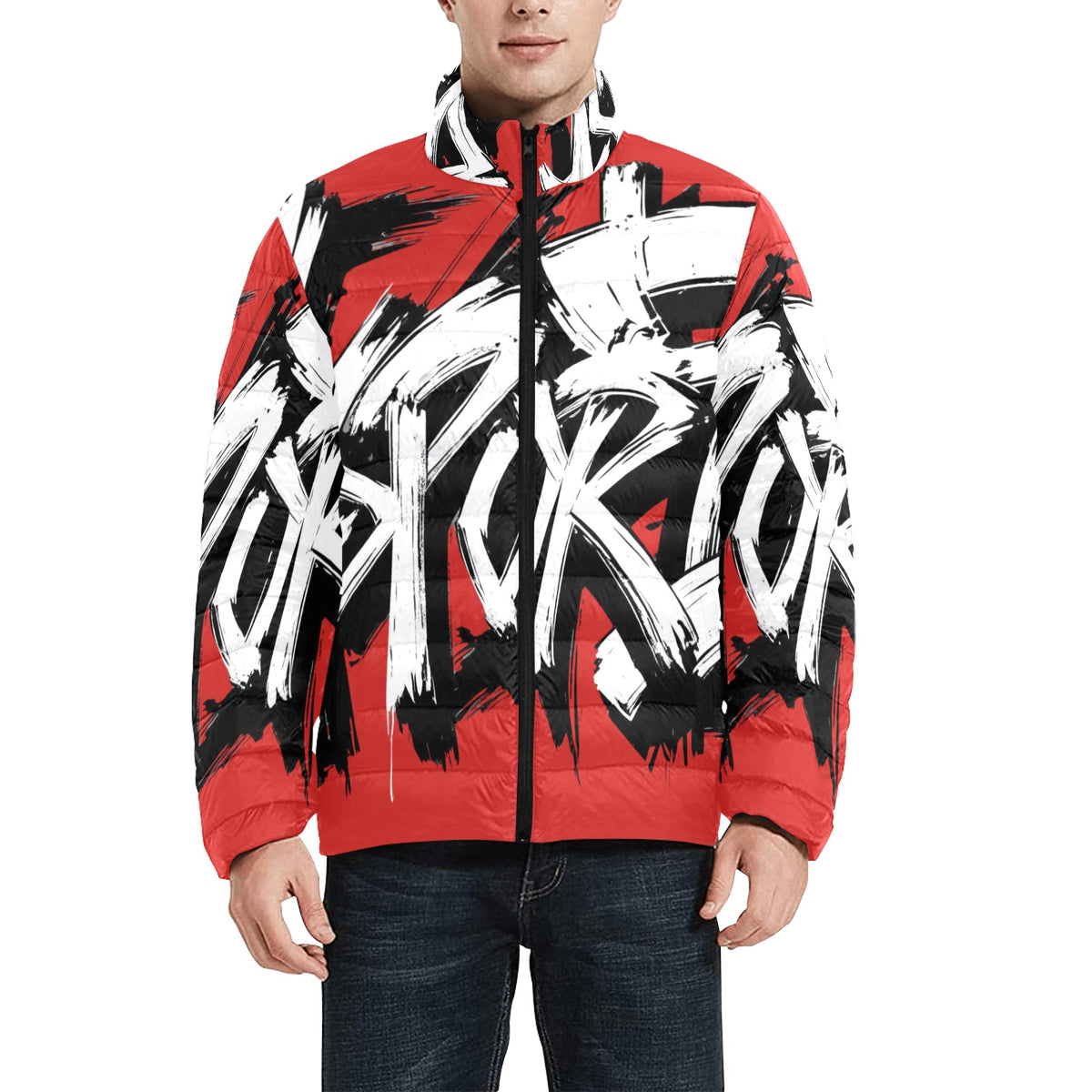 Giacca Bomber Uomo Collezione JSports Momo M04 Rosso Fuoco JSHUB – Base Rossa con Stampa Logo Bianca All-Over